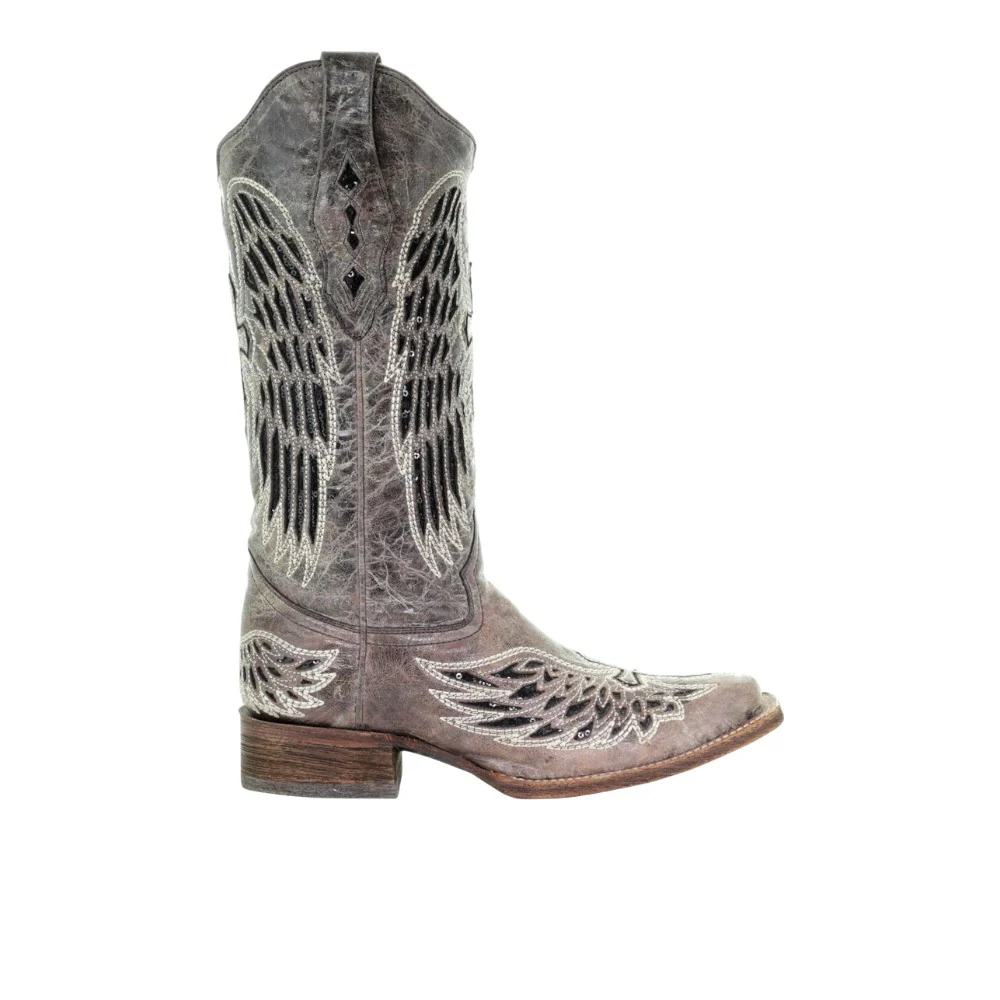 Wings Tooled Inlay Square Toe Pull On Cowboy Boots