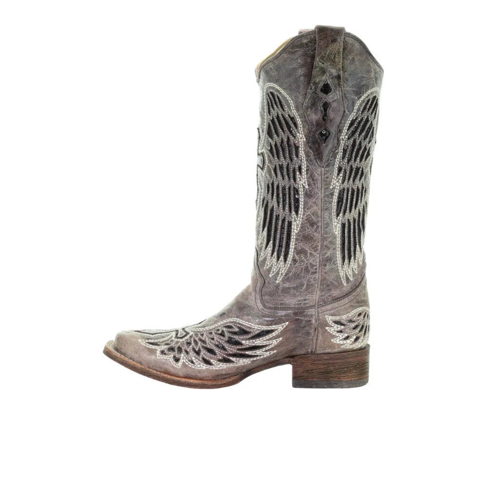 Wings Tooled Inlay Square Toe Pull On Cowboy Boots - Image 4