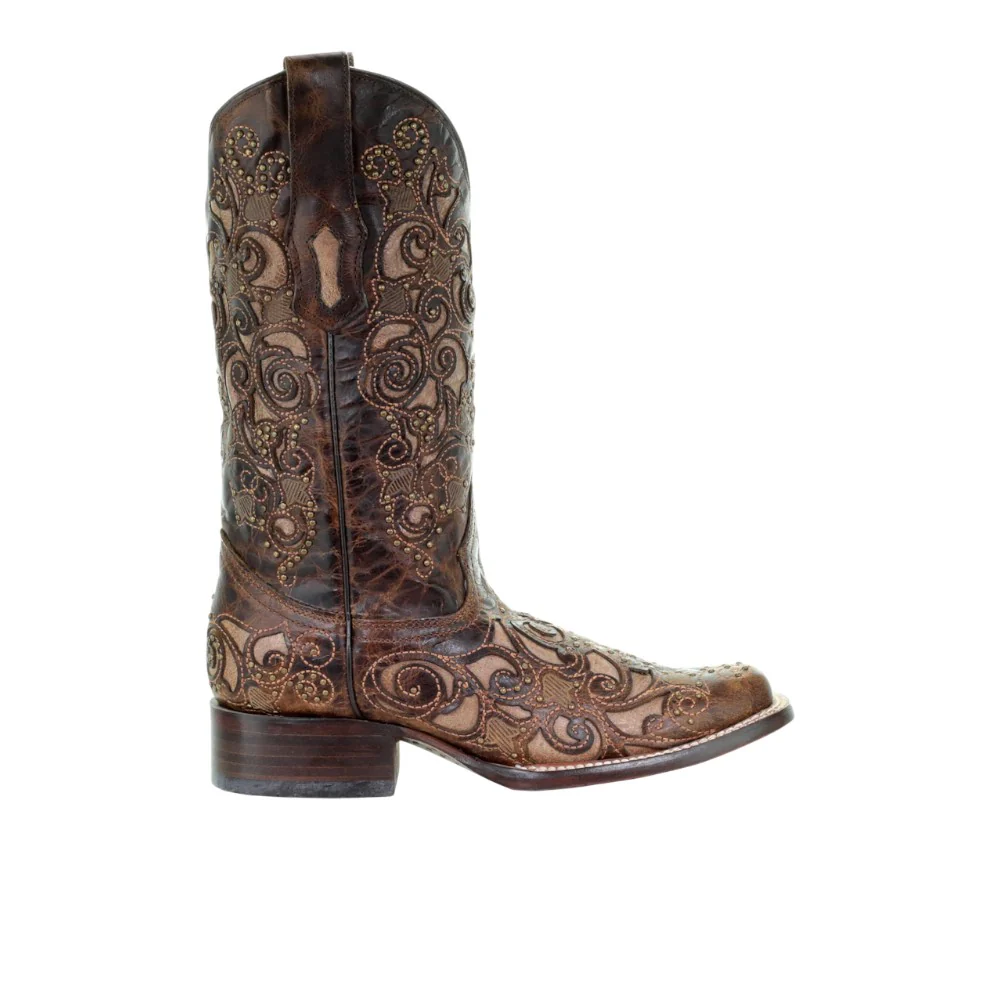 Embroidered Tooled Inlay Square Toe Pull On Cowboy Boots