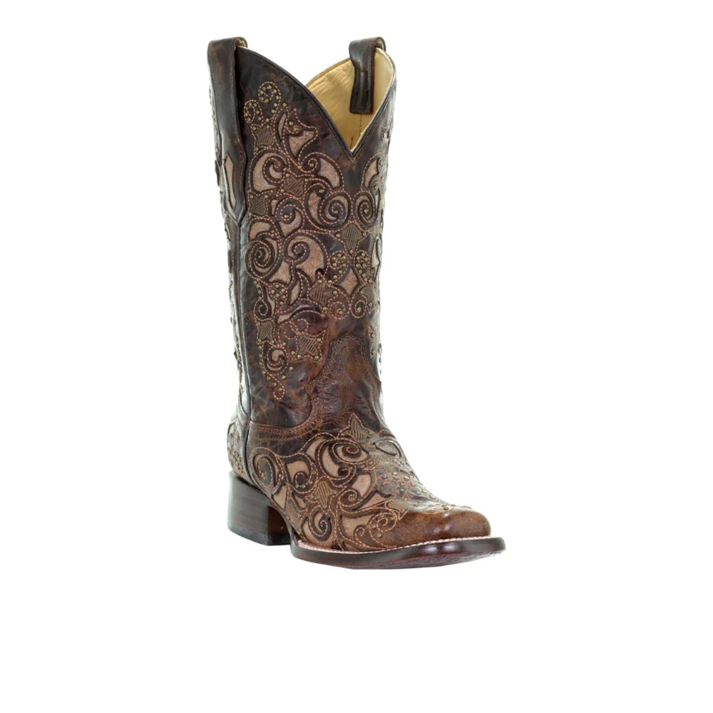 Embroidered Tooled Inlay Square Toe Pull On Cowboy Boots - Image 2