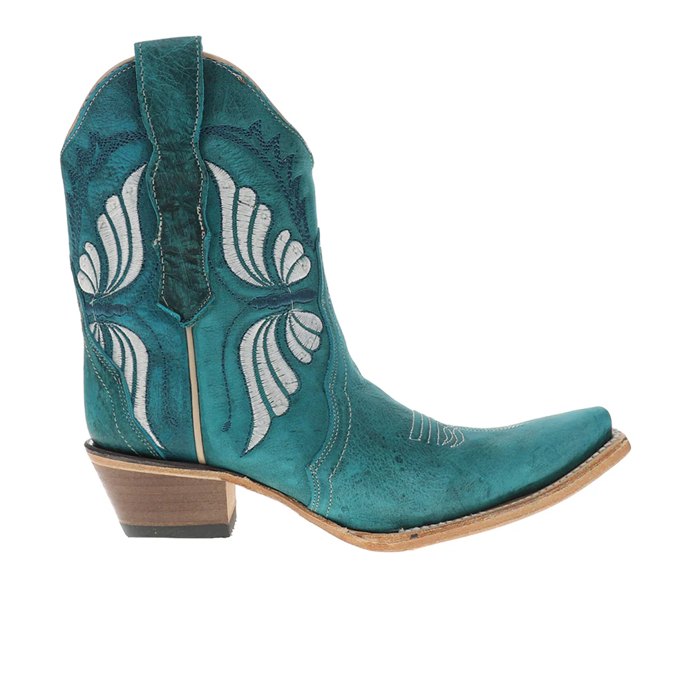Aqua Butterfly Embroidered Ankle Pull On Cowboy Booties