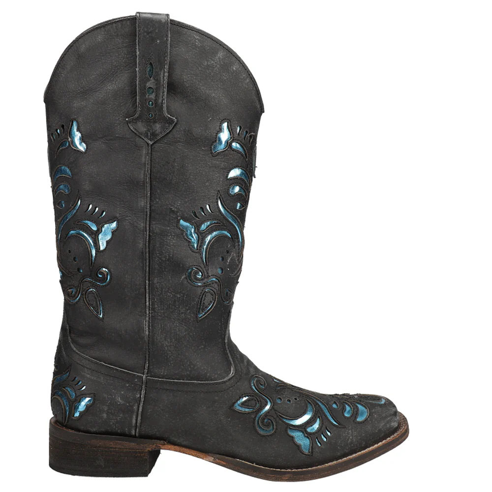 Belle Metallic Tooled Inlay Square Toe Cowboy Boots
