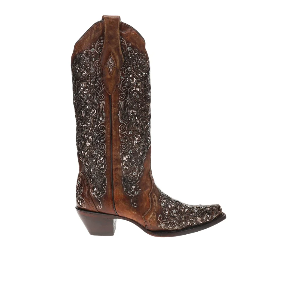 Rhinestones Sequins Embroidered Snip Toe Cowboy Boots