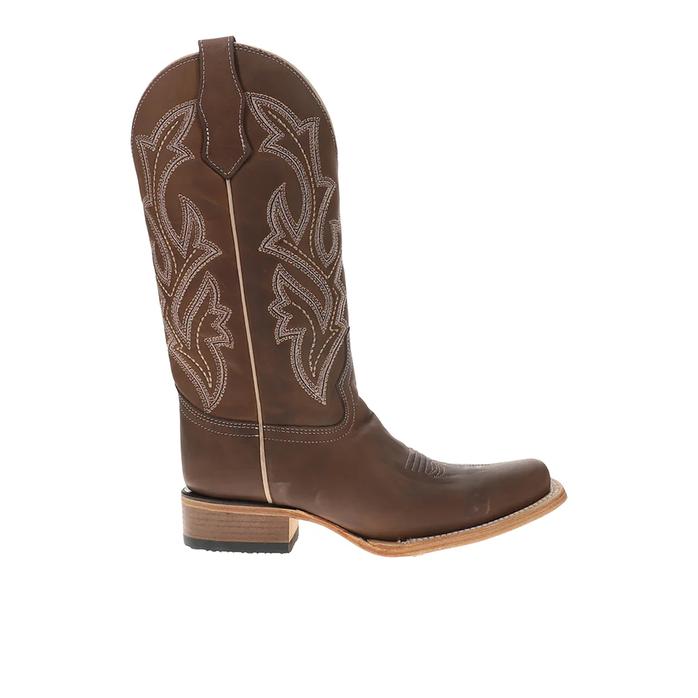 Chocolate Wide Embroidered Square Toe Pull On Cowboy Boots