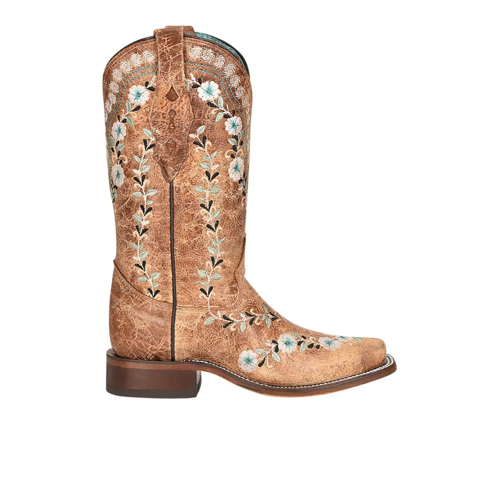 Distressed Glow In The Dark Floral Embroidered Square Toe Cowboy Boots