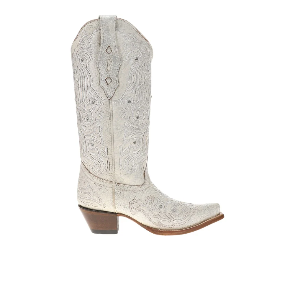 Embroidery And Crystals Snip Toe Bone Cowboy Boots