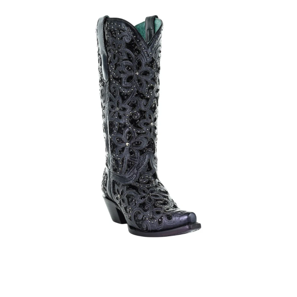 Floral Studded Rhinestones Sequins Tooled Inlay Snip Toe Cowboy Boots - Image 2
