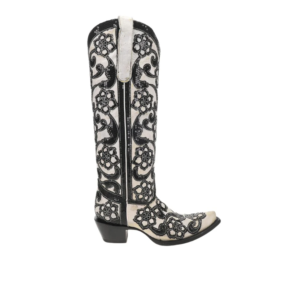 Floral Sequin Overlay Embroidered Tall Snip Toe Cowboy Boots