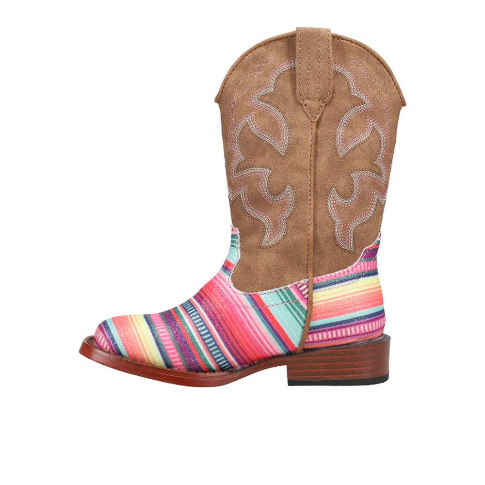 Glitter Serape Striped Embroidered Square Toe Cowboy Boots (Youth) - Image 3