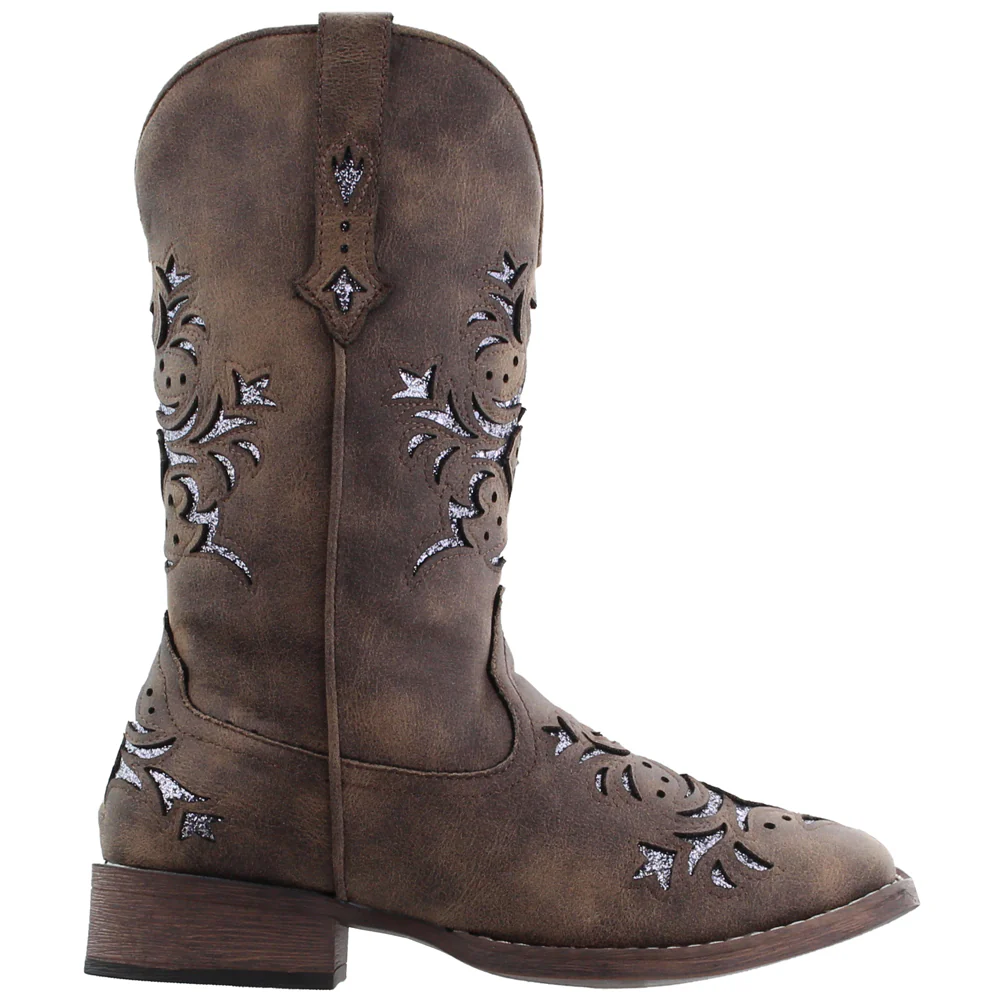 Kennedy Glitter Tooled Inlay Square Toe Pull On Cowboy Boots