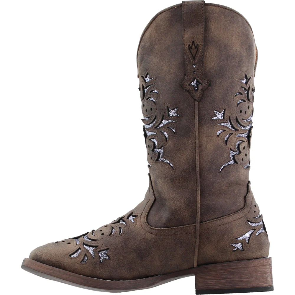 Kennedy Glitter Tooled Inlay Square Toe Pull On Cowboy Boots - Image 4