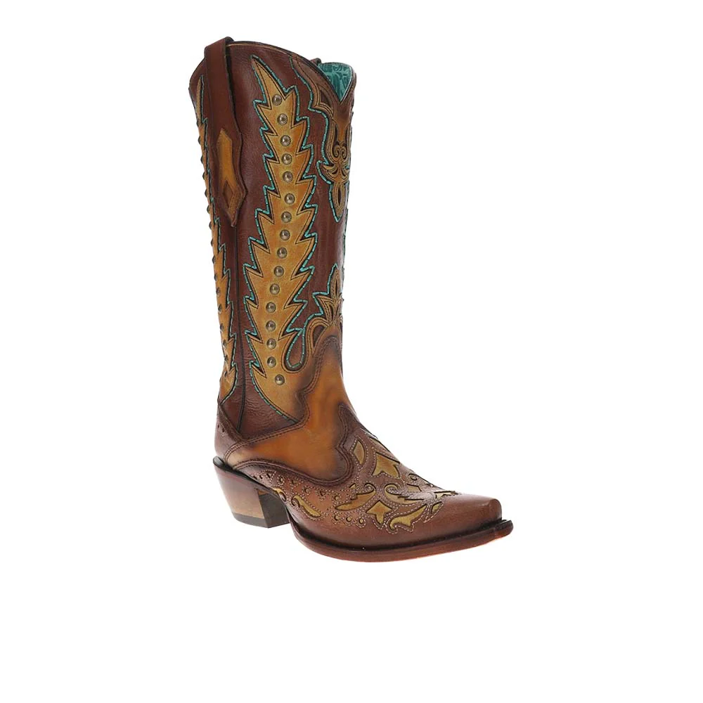 Brown Turquoise Overlay Embroidered Studded Snip Toe Pull On Cowboy Boots - Image 2