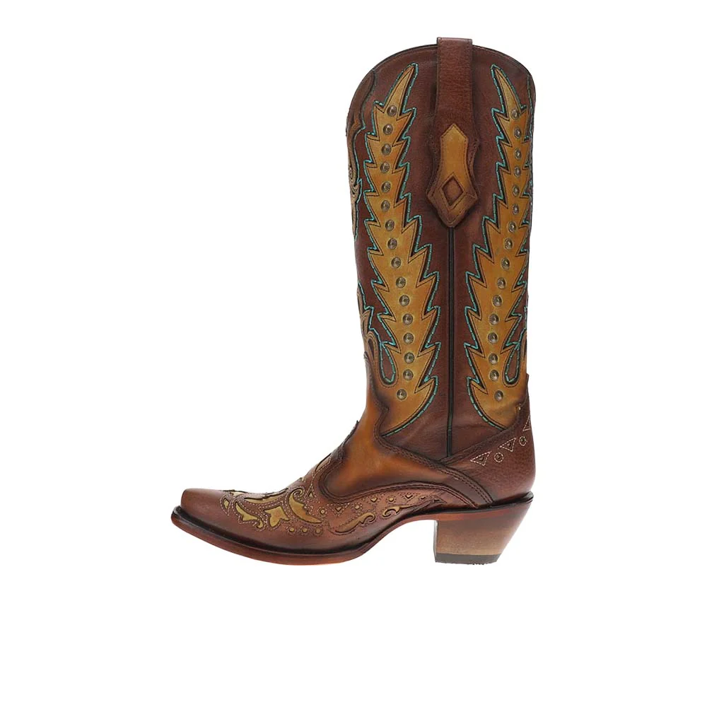 Brown Turquoise Overlay Embroidered Studded Snip Toe Pull On Cowboy Boots - Image 3