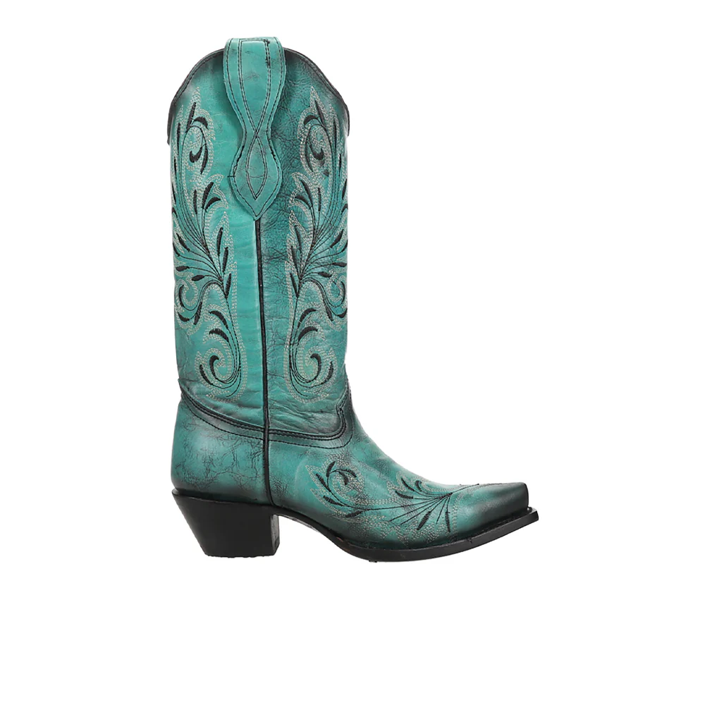 Turquoise Embroidered Snip Toe Pull On Cowboy Boots