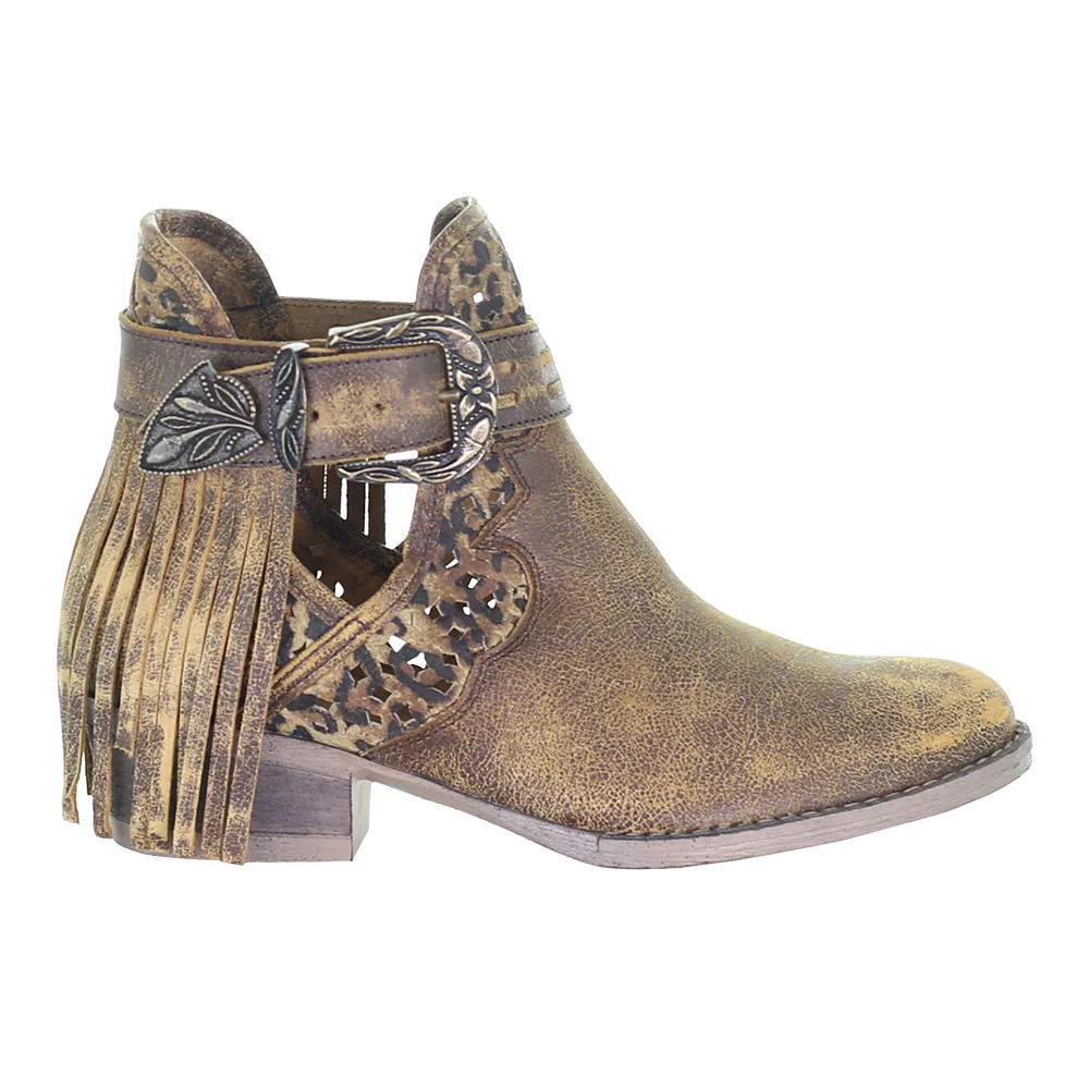 Leopard Fringe Round Toe Pull On Cowboy Booties