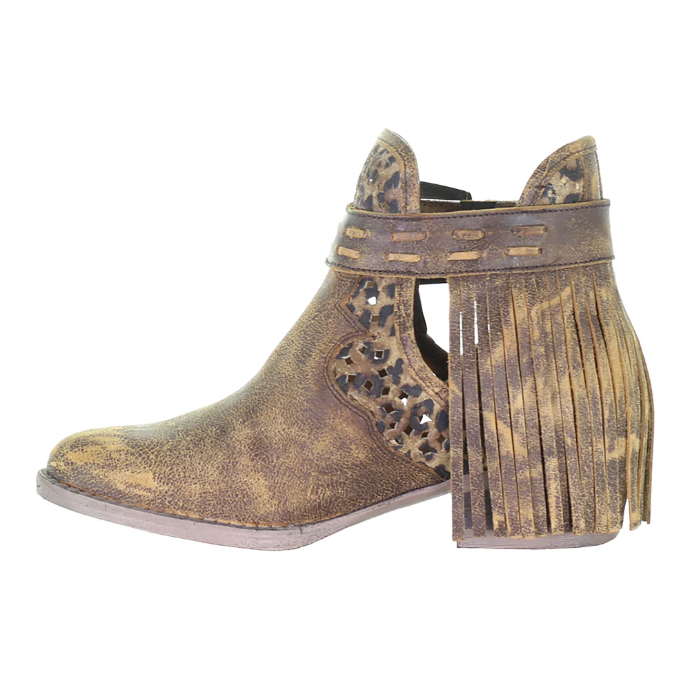 Leopard Fringe Round Toe Pull On Cowboy Booties - Image 4