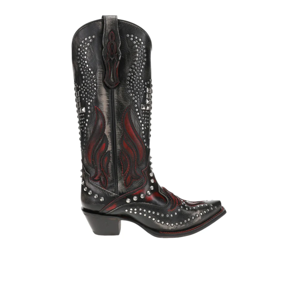 Overlay Embroidered Studded Snip Toe Cowboy Boots