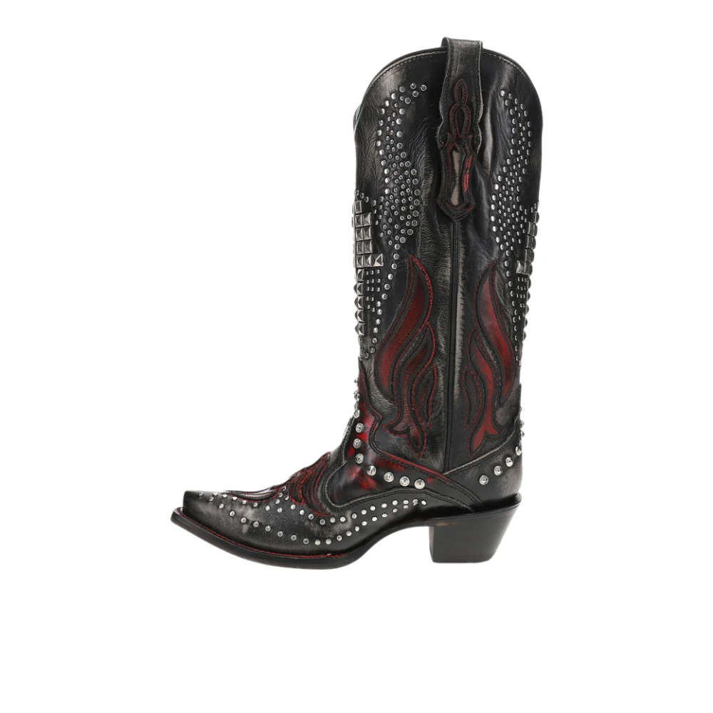 Overlay Embroidered Studded Snip Toe Cowboy Boots - Image 3