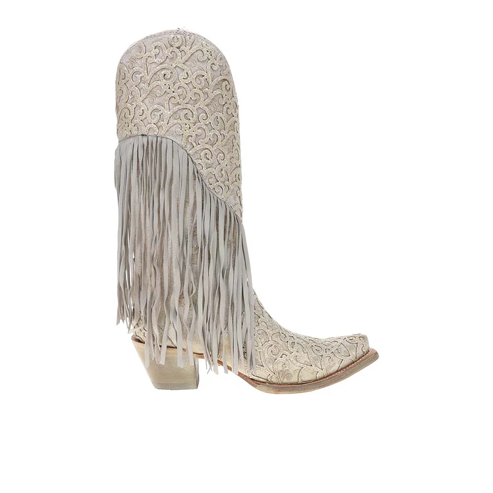 Overlay Embroidery Lamb Fringe White Snip Toe Cowboy Boots