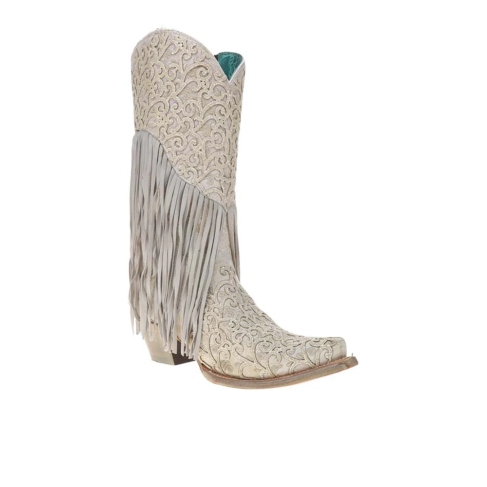 Overlay Embroidery Lamb Fringe White Snip Toe Cowboy Boots - Image 2