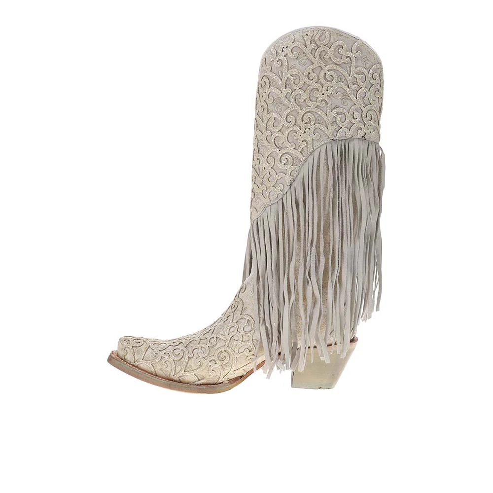 Overlay Embroidery Lamb Fringe White Snip Toe Cowboy Boots - Image 3