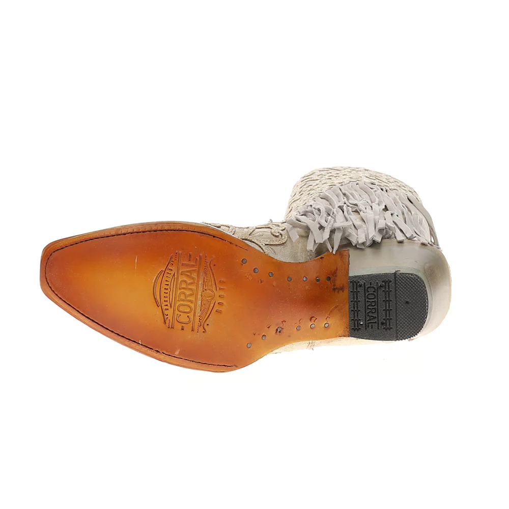 Overlay Embroidery Lamb Fringe White Snip Toe Cowboy Boots - Image 5
