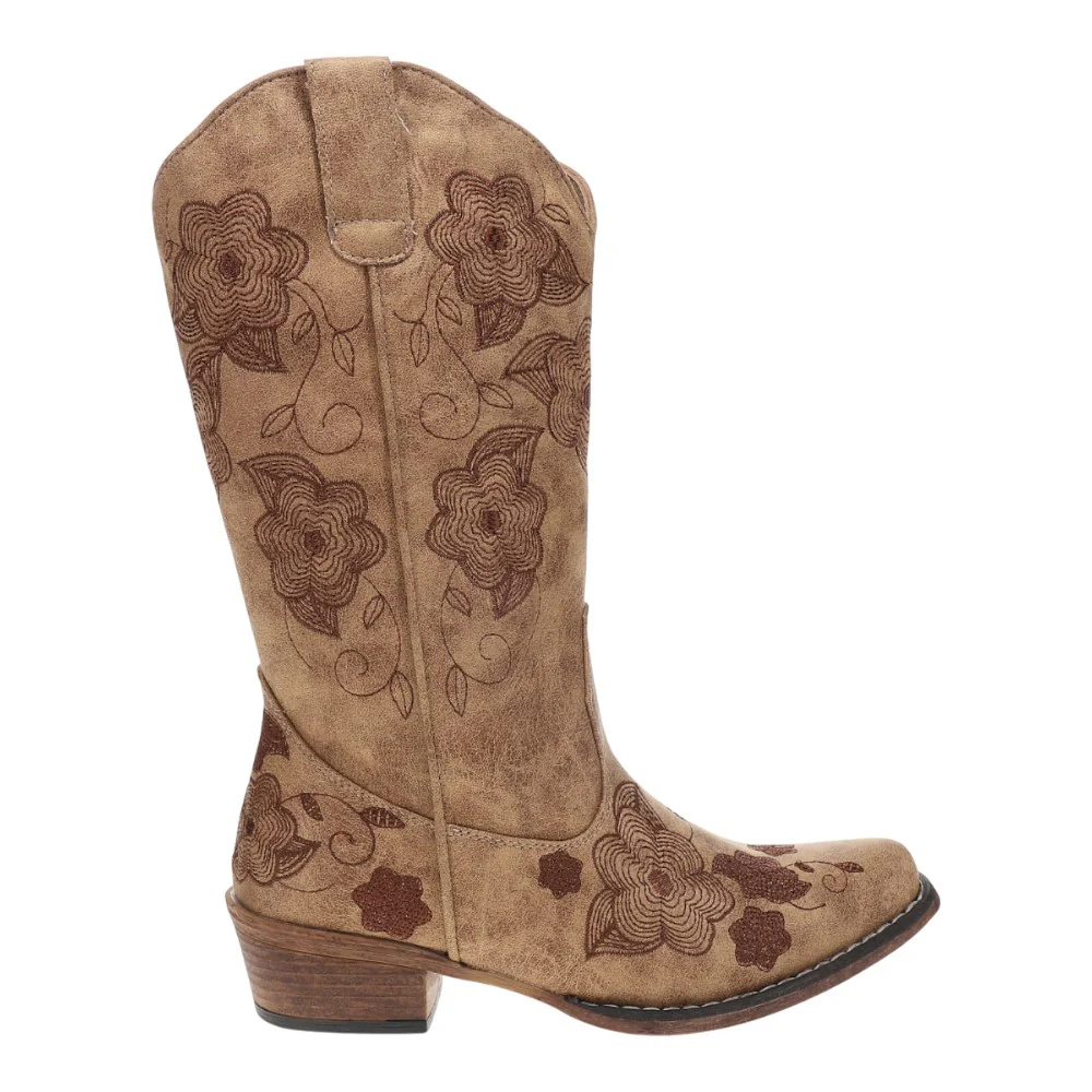 Riley Flowers Floral Embroidered Snip Toe Pull On Cowboy Boots