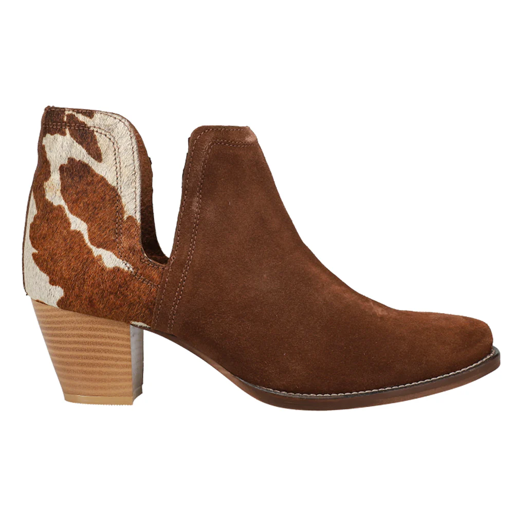 Rowdy Cow Print Pointed Toe Cowboy Booties