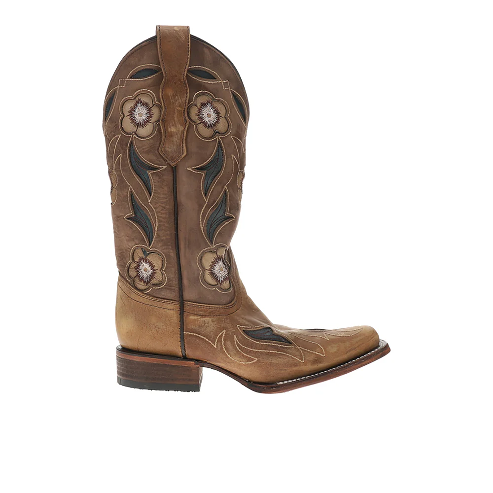 Sand Flower Inlay Embroidered Square Toe Pull On Cowboy Boots