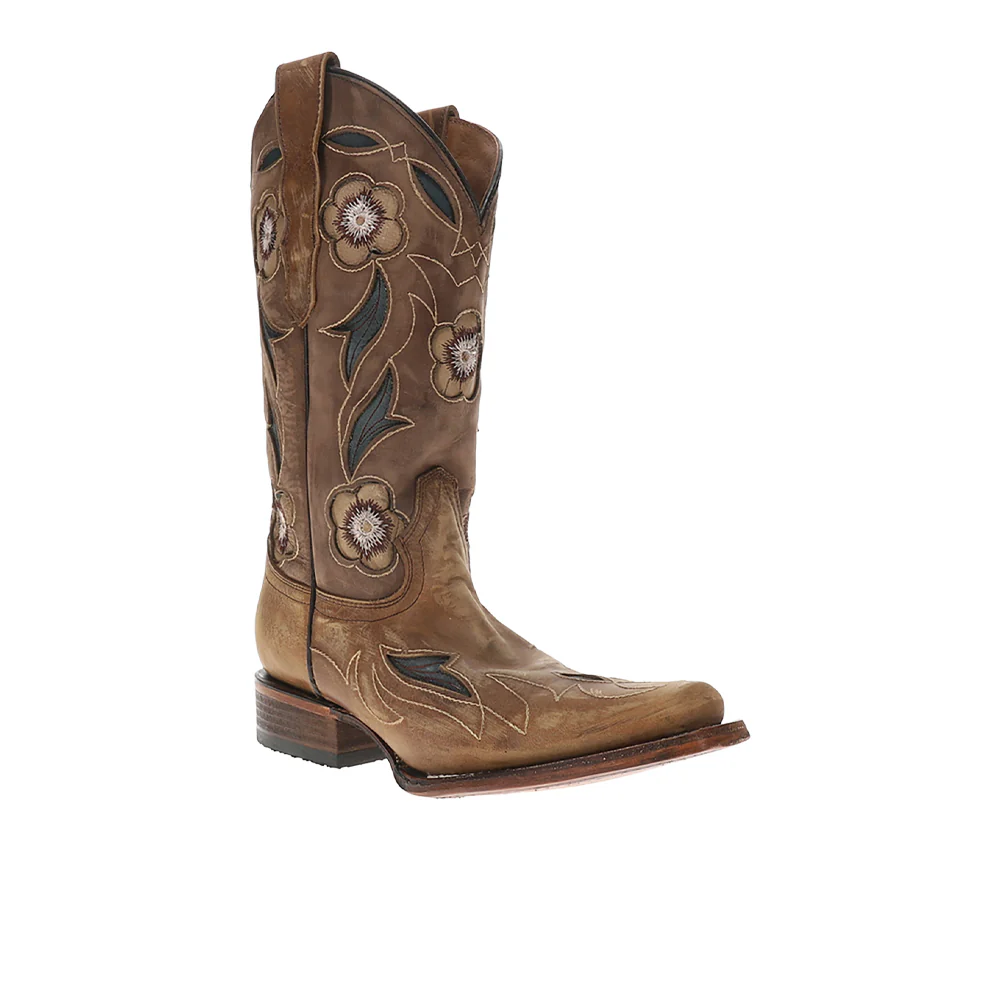 Sand Flower Inlay Embroidered Square Toe Pull On Cowboy Boots - Image 2