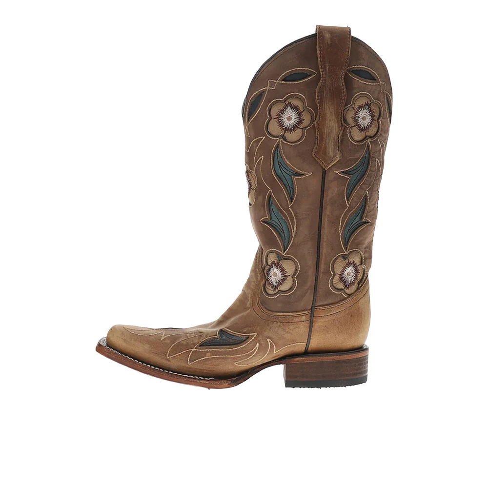 Sand Flower Inlay Embroidered Square Toe Pull On Cowboy Boots - Image 3