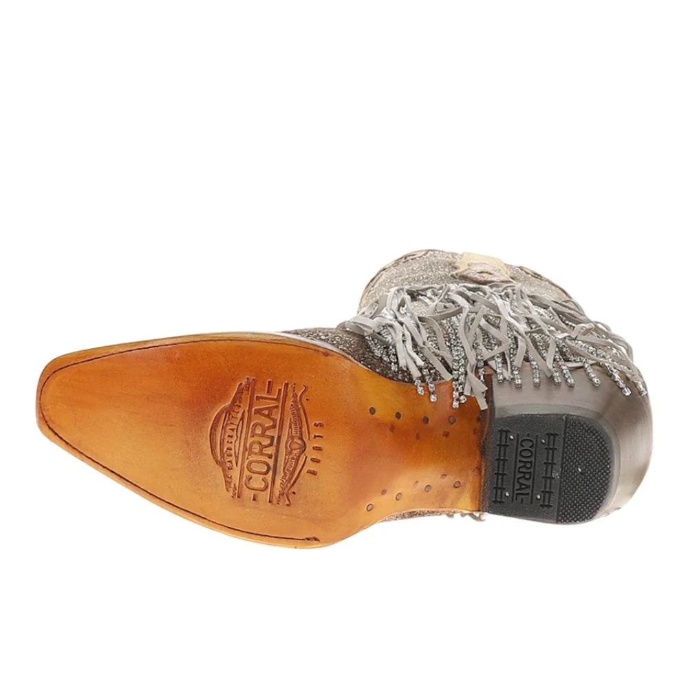 Silver-Gold Finish With Crystal Fringe Harness And Studs Snip Toe Cowboy Boots - Image 5