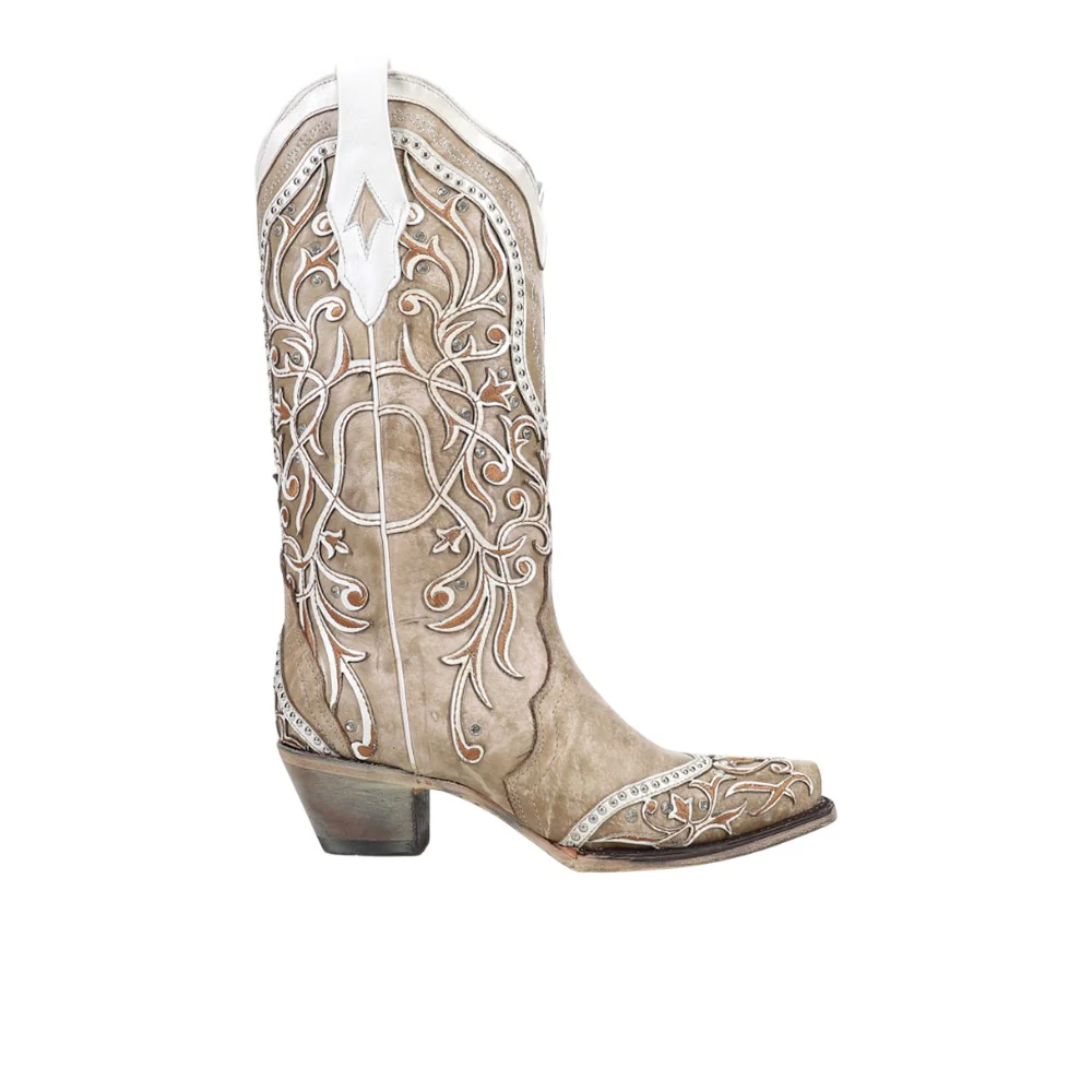 Studded Tooled Inlay Snip Toe Cowboy Boots