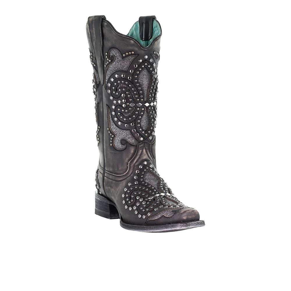 Glitter Studded Tooled Inlay Snip Toe Cowboy Boots - Image 2