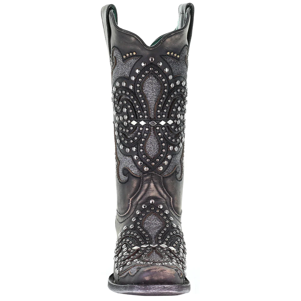 Glitter Studded Tooled Inlay Snip Toe Cowboy Boots - Image 5