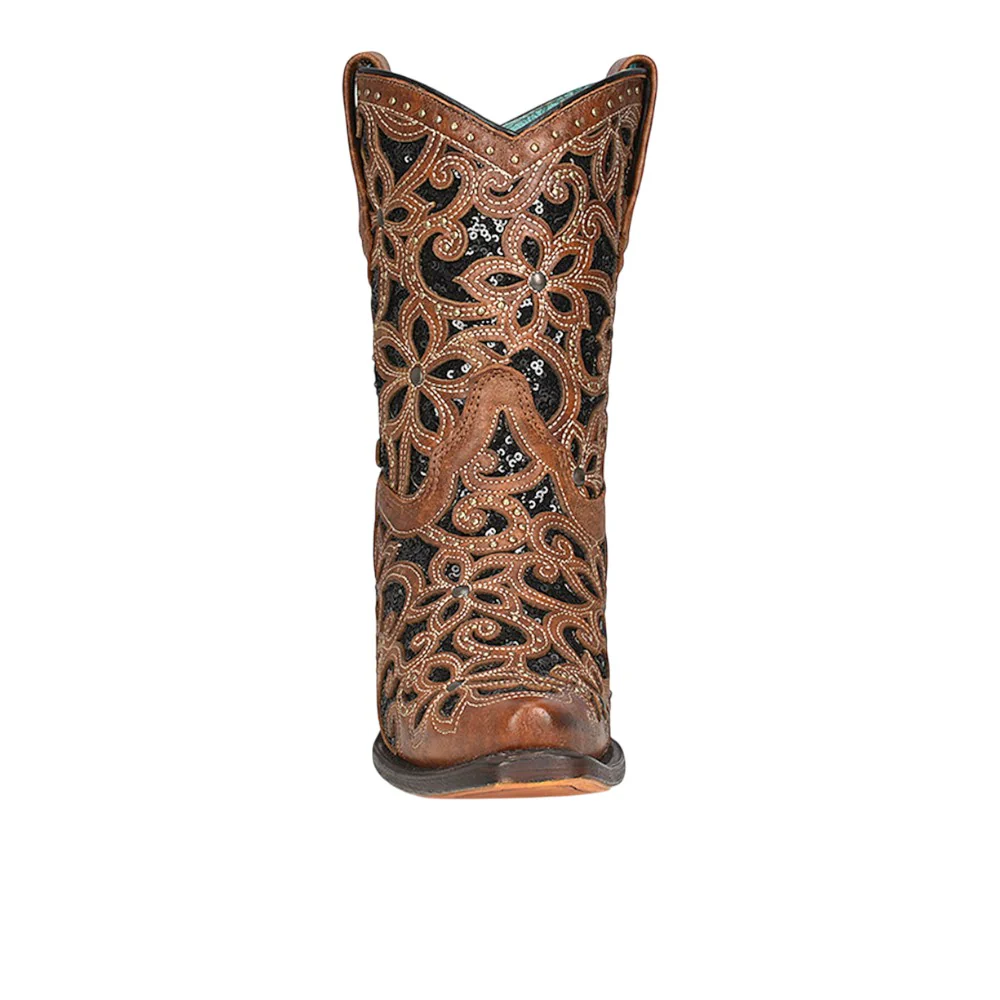 Tan Glitter Inlay Studded Snip Toe Cowboy Booties - Image 3