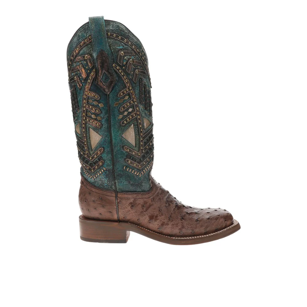 Turquoise Embroidery Studded With Woven Detail Brown Ostrich Square Toe Rodeo Boots