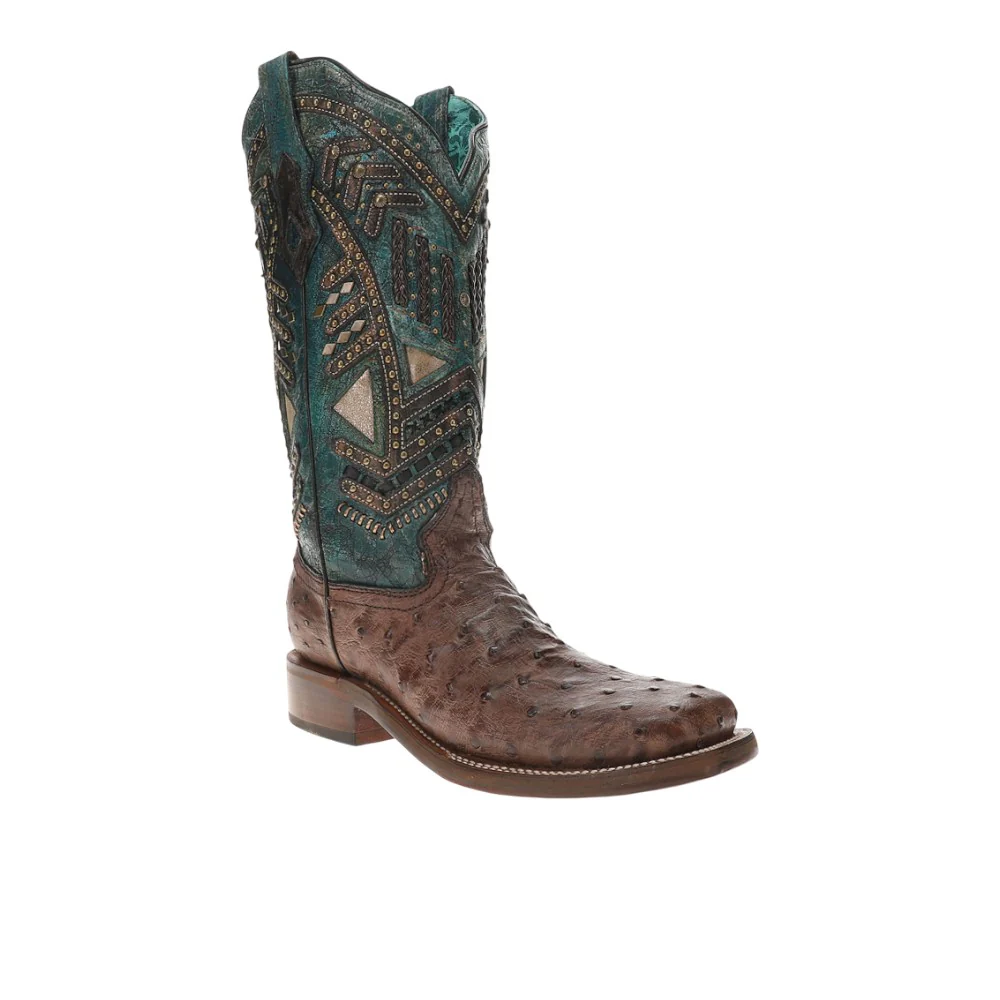 Turquoise Embroidery Studded With Woven Detail Brown Ostrich Square Toe Rodeo Boots - Image 2