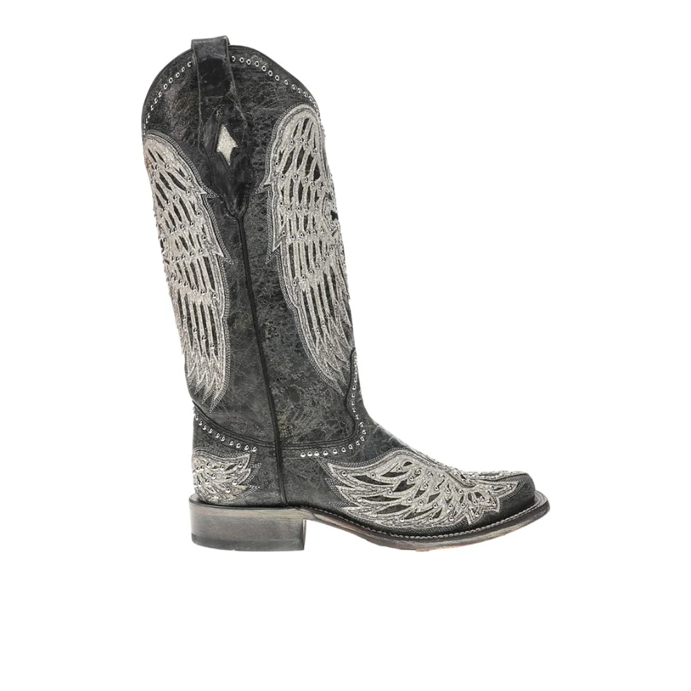 White Cross And Wings Overlay And Studs Worn Finish Black Square Toe Cowboy Boots