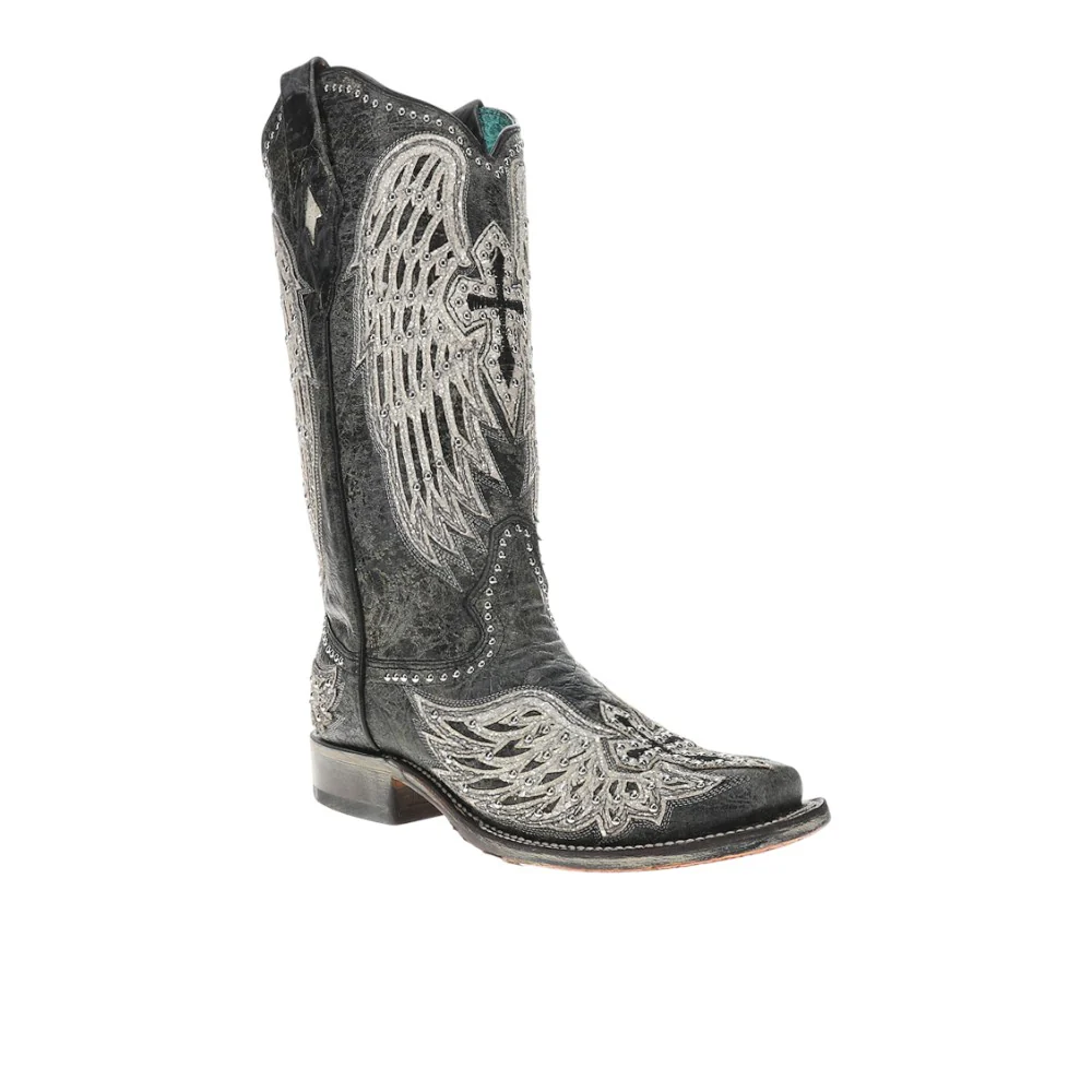 White Cross And Wings Overlay And Studs Worn Finish Black Square Toe Cowboy Boots - Image 2