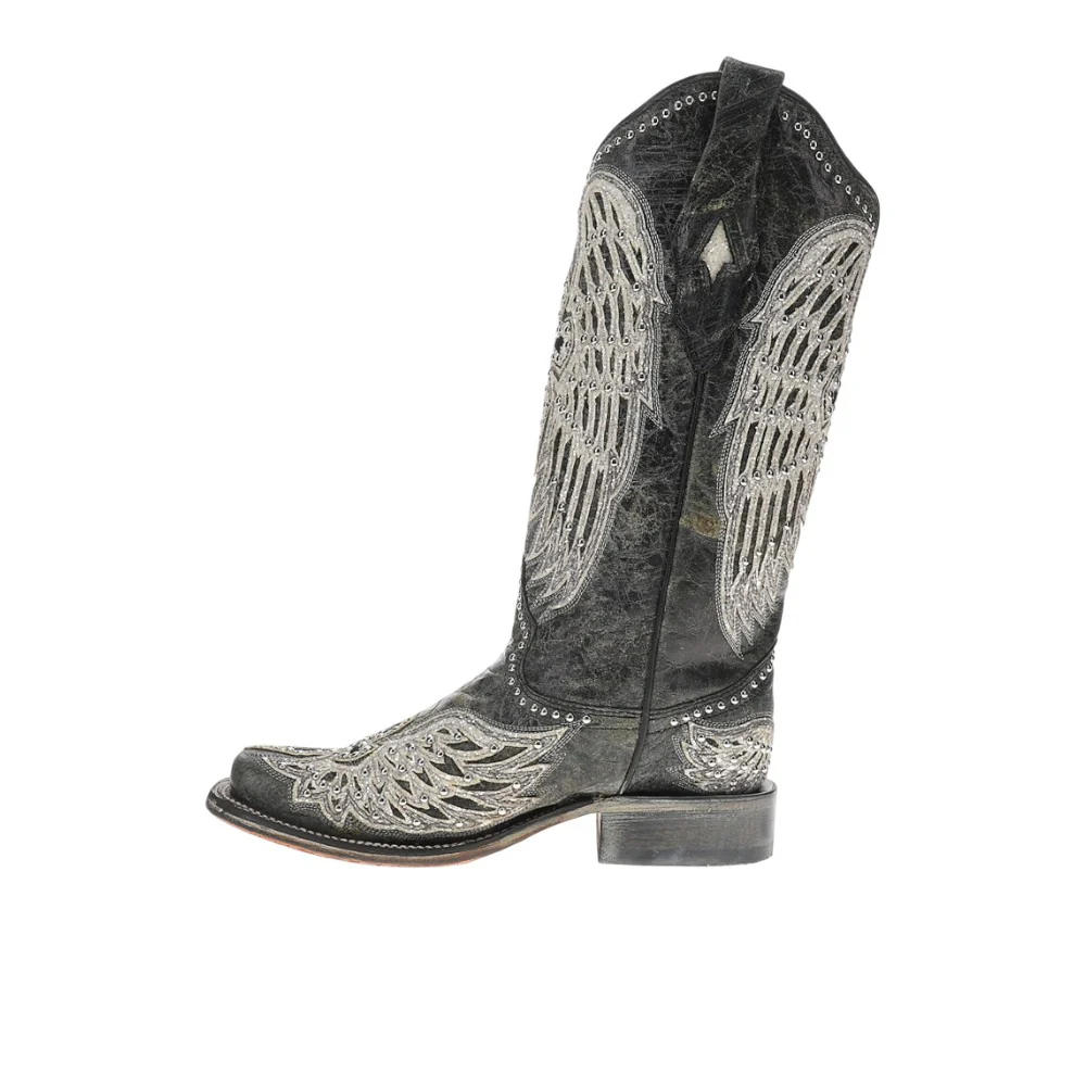 White Cross And Wings Overlay And Studs Worn Finish Black Square Toe Cowboy Boots - Image 3